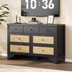 7 Drawer Dresser for Bedroom, 47.3 Wide Natural Rattan Chest of Drawers, Wood Boho Clothing Storage Organizer, for Living Room