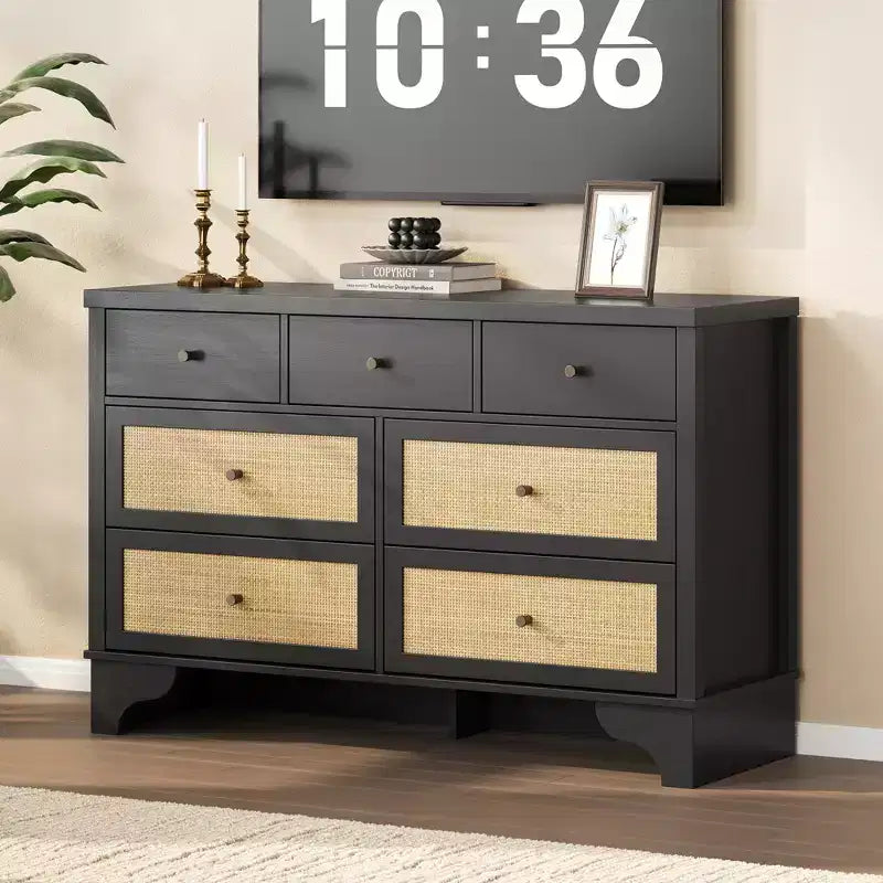 7 Drawer Dresser for Bedroom, 47.3 Wide Natural Rattan Chest of Drawers, Wood Boho Clothing Storage Organizer, for Living Room
