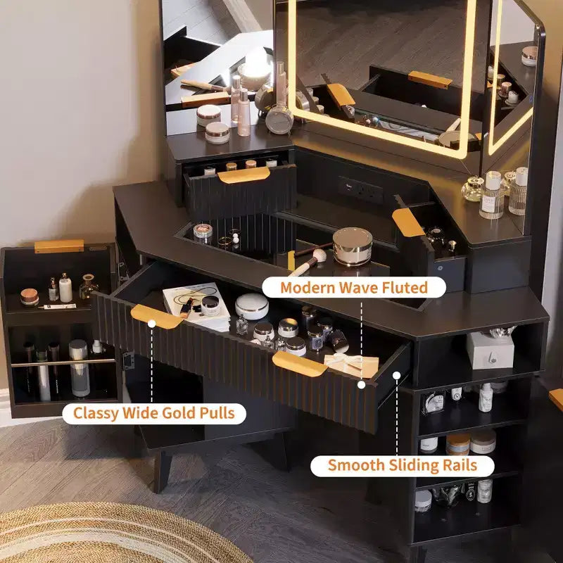 47 Corner Makeup Vanity Desk with Mirror and Light, Wooden Dressing Table with Glass Top & Charging Station, Makeup Vanity Table for Bedroom
