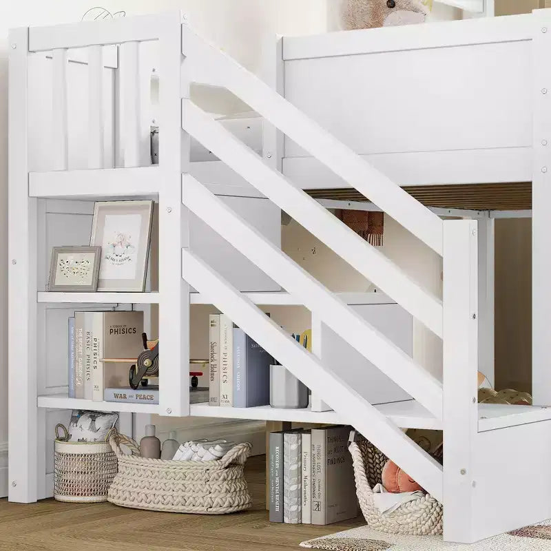 Letto a soppalco singolo con 3 cassetti e scala contenitore, struttura a casetta in legno con scivolo e scrivania rimovibile