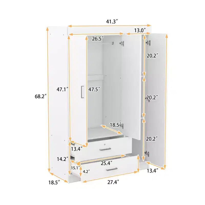 Whisen Wood 3-Door Wardrobe Armoire with Hanging Rod, 2-Drawers, and Storage Shelves