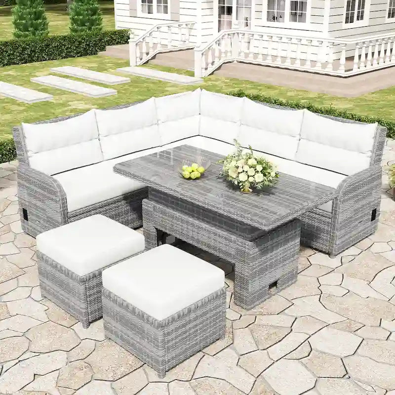 Outdoor Rattan Sectional Sofa Set with Adjustable Table & Recliners
