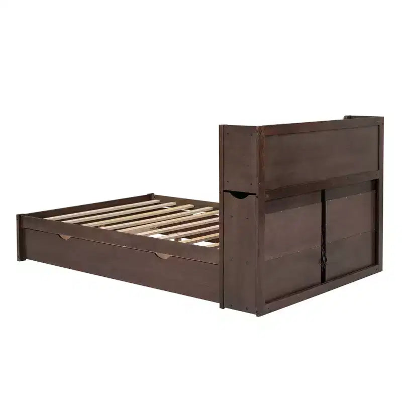Full Storage Platform Bed with Trundle, Bookcase Headboard and Charging Station, Wooden Full Size Bed Frame with Shelves and Drawers