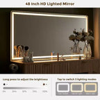 48 Fluted Makeup Vanity Desk with Mirror and Lights, Modern Vanity Table with 8 Drawers & Charging Station, Vanity Desk with Glass Top