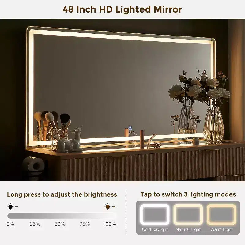 48 Fluted Makeup Vanity Desk with Mirror and Lights, Modern Vanity Table with 8 Drawers & Charging Station, Vanity Desk with Glass Top