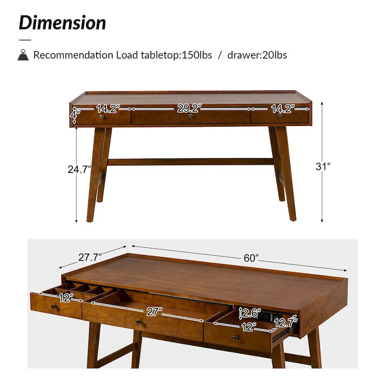 Mid-century Office Desk with Drawer Divider&Cable Management&Charging Station