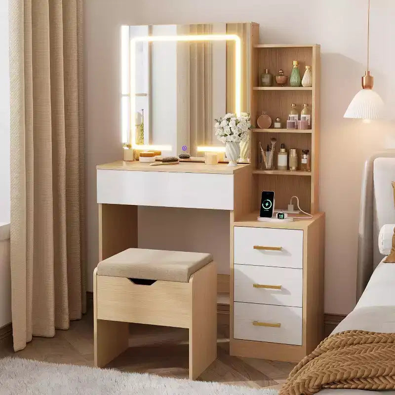 DobleePy Modern Vanity Desk with Sliding Mirror & LED Lights, 4 Drawers, 7 Shelves, Charging Station & Stool, Makeup Dressing Table for Bedroom