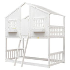 Twin over Twin House Bunk Bed with Roof , Window, Window Box, Door , with Safety Guardrails and Ladder, Grey