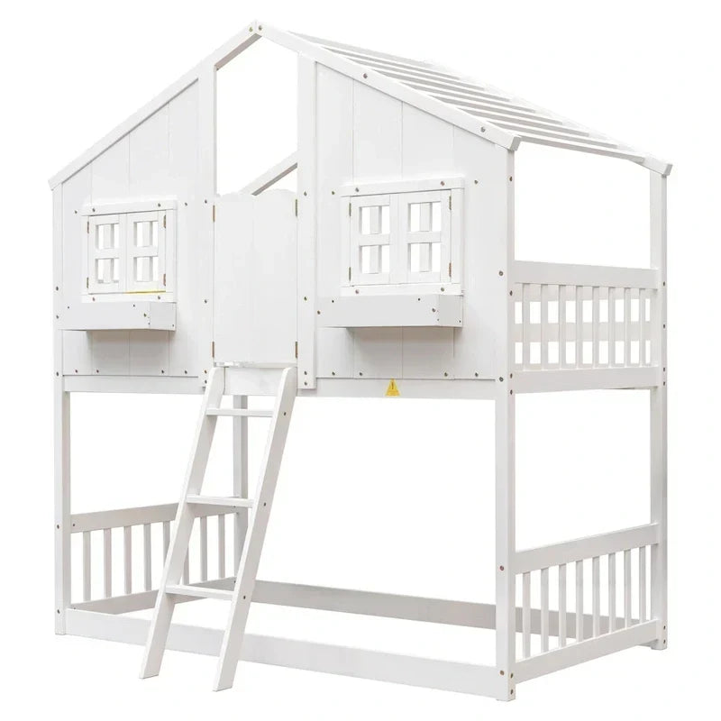 Twin over Twin House Bunk Bed with Roof , Window, Window Box, Door , with Safety Guardrails and Ladder, Grey