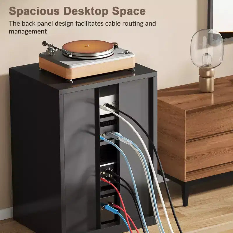 Bekrvio Metal Media Cabinet, 4-Tier Stereo Cabinet with Glass Doors & Adjustable Shelves, Audio AV Rack with Cable Management