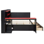 Full/Queen Gaming Daybed with Bookcase Headboard, LED Lights, Integrated Desk, Drawers and Charging Station