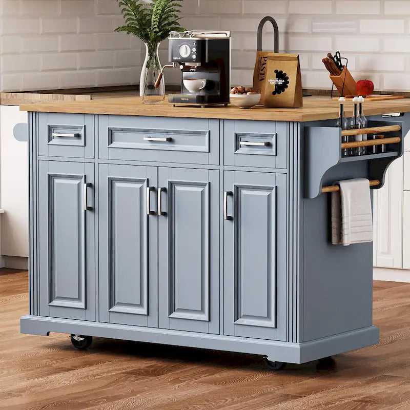 54  Large Kitchen Island with Rubber Wood Drop Leaf, Embossed Texture Rolling Kitchen Cart on 4 Wheels with 4 Doors & 3 Drawers