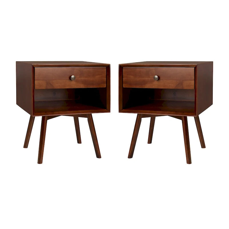 Set of 2 Mid-Century Solid Wood Nightstands with 1 Drawer, Bedroom Side Tables