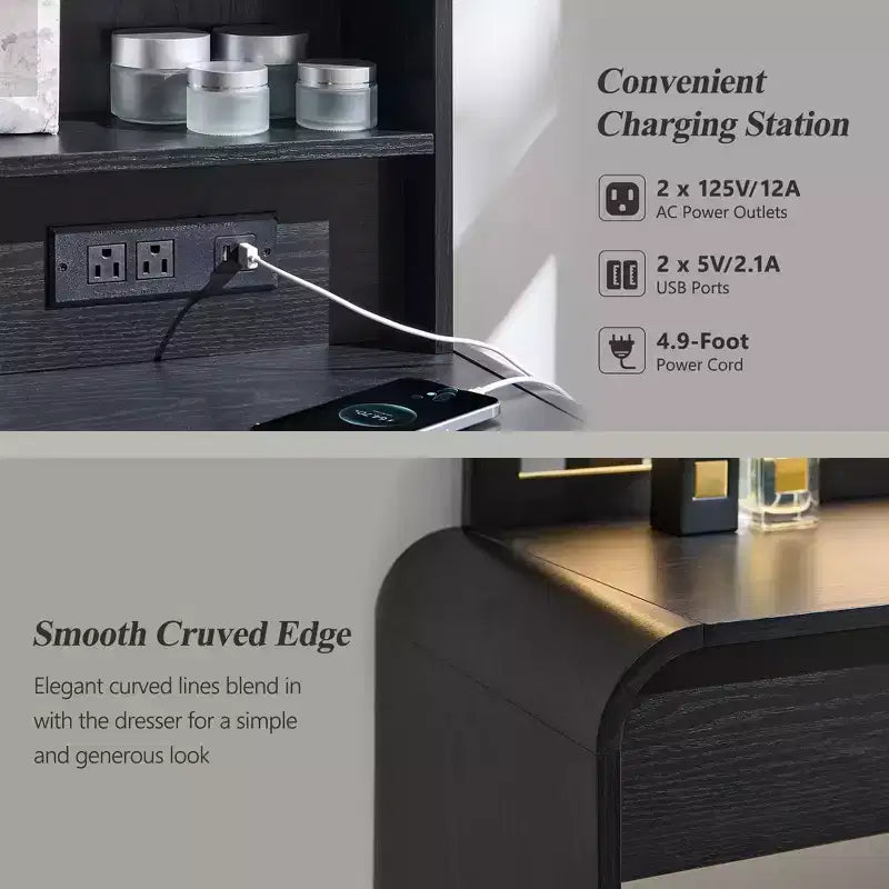 Vanity Desk with 35.4 LED Mirror and Lights, Modern Makeup Vanity Table with Charging Station & Adjustable Shelves