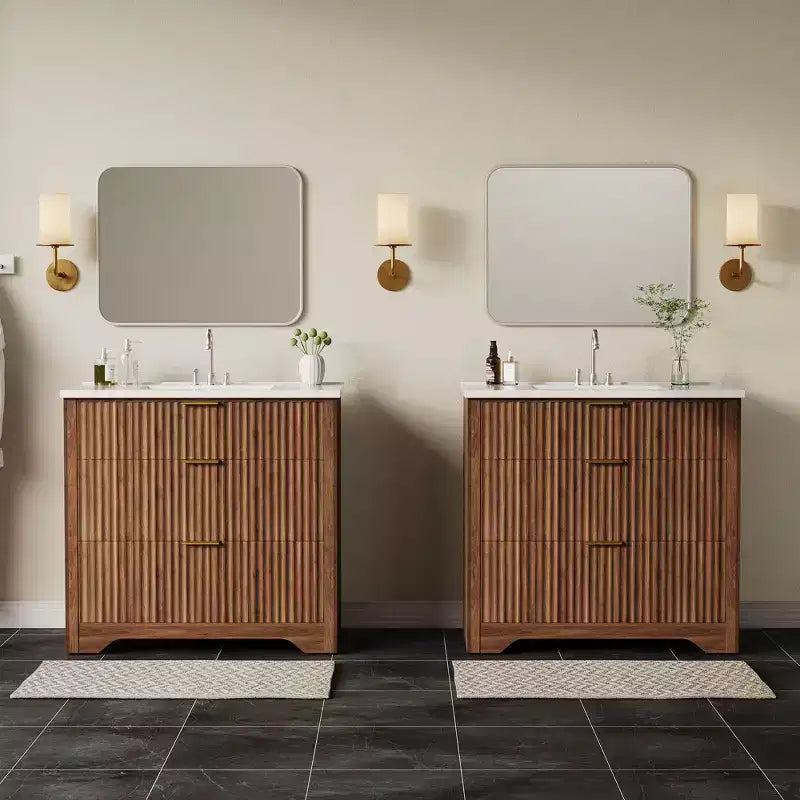 Modern Fluted Bathroom Vanity Set with Integrated Ceramic Basin Freestanding Bathroom Storage Vanity Cabinet with 3 Drawers for Contemporary Bathroom