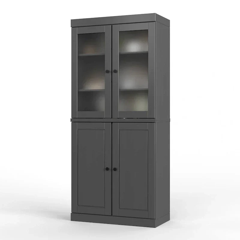 100% Solid Wood Pantry Cabinet with Frosted Glass Doors, Solid Doors, 2-Drawers and Adjustable Shelves
