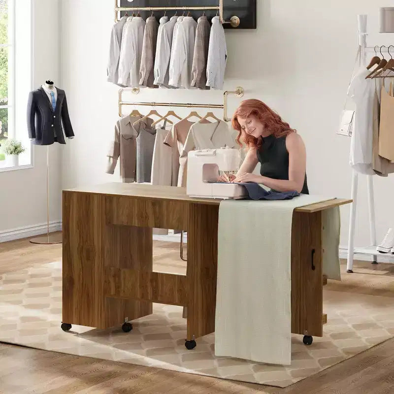 Folding Sewing Machine Table, Rolling Side Desk for Sewing Machine, Craft Station with Lockable Wheels for Home, Bedroom, Small Spaces