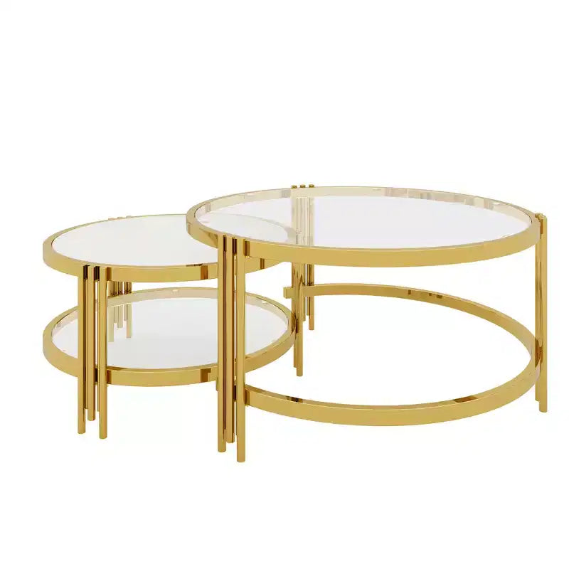 Whisen Modern 2 - Pièces Finition Or avec Verre Texturé Table Basse, Tables Basses Gigognes en Verre Trempé - Transparent & Doré