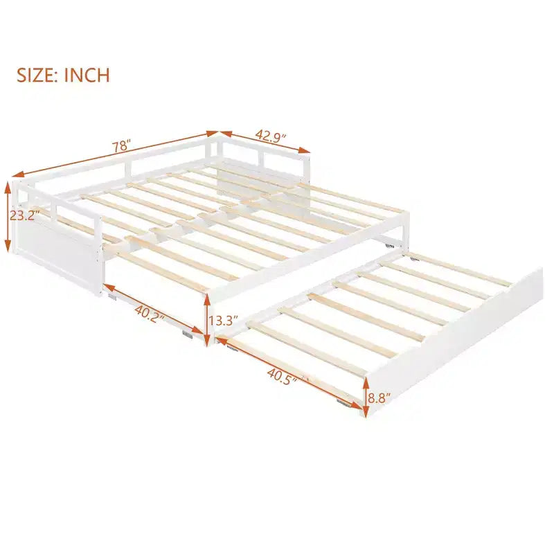 Okak Twin Size Extending Design Daybed with Trundle/Drawers & Safety Rails,Solid Wood Platform Bed Frame for Teens,Adults