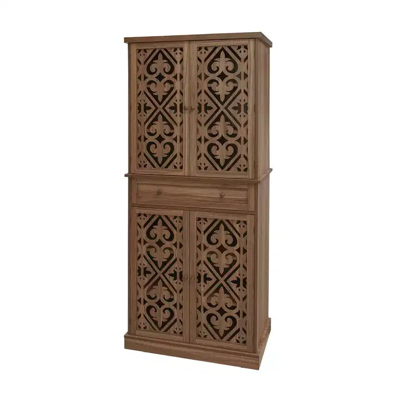 Meuble de rangement haut Okak avec 4 portes en rotin/sculptées, meuble de rangement avec 1 tiroir et 4 étagères intérieures réglables, meuble d'appoint pour salon, chambre à coucher