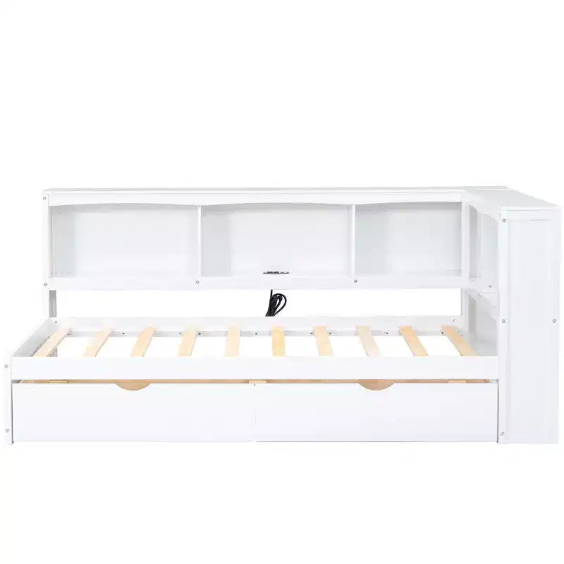 White / Wood Twin Size Daybed with Storage Drawers, Cabinets & USB Ports 窶・1 Person