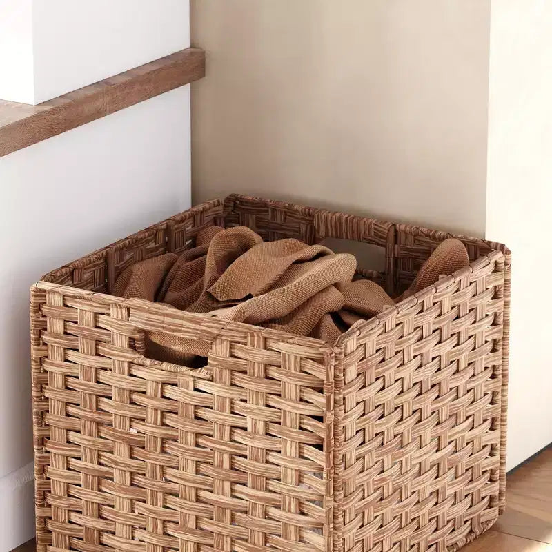 White and Oak Entryway Storage Bench with Hooks, Shelves, and 2 Woven Baskets Hall Tree