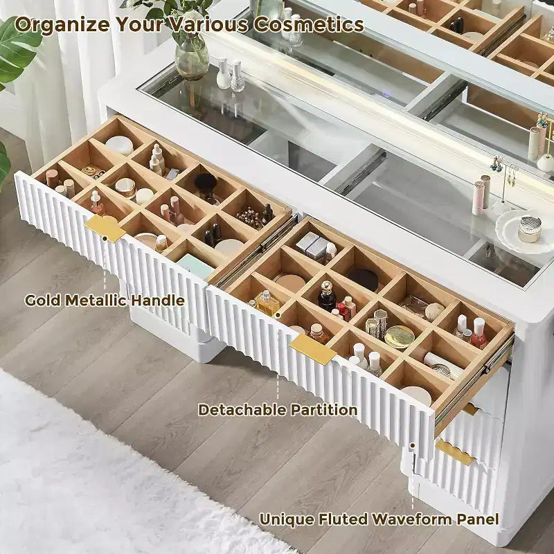 48 Fluted Makeup Vanity Desk with Mirror and Lights, Modern Vanity Table with 8 Drawers & Charging Station, Vanity Desk with Glass Top