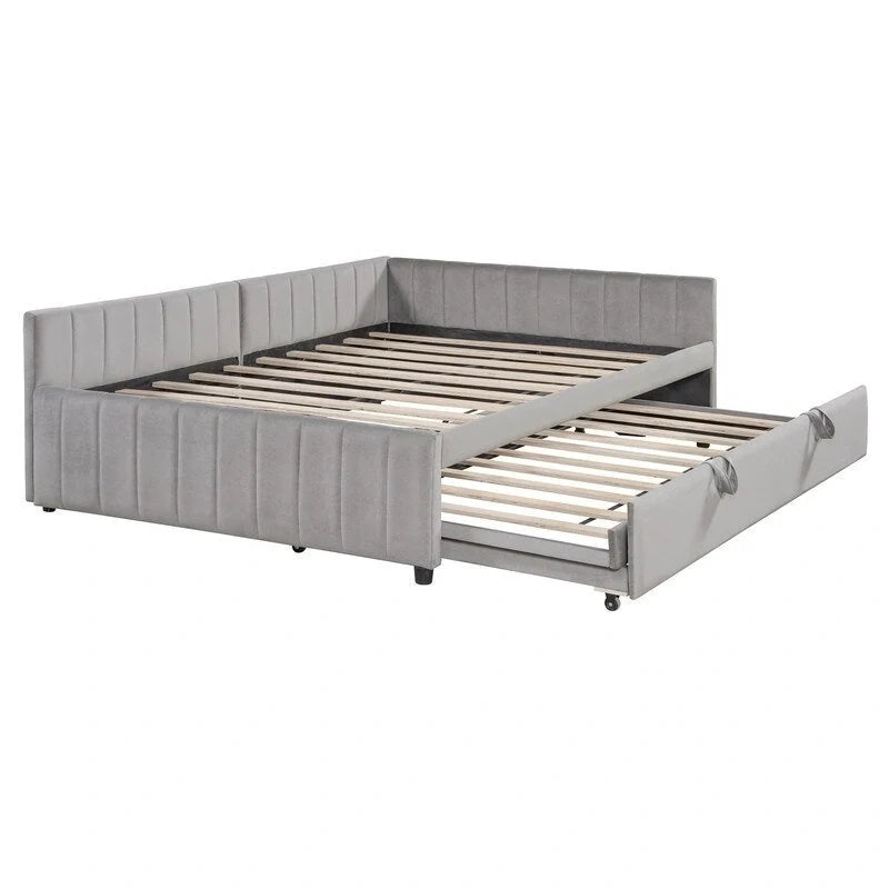 Upholstered Daybed with Twin Size Pop Up Trundle, Full Size Daybed Frame Sofa Bed with L-Shaped Backrest and Striped Design