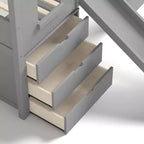 Letto a soppalco singolo con 3 cassetti e scala contenitore, struttura a casetta in legno con scivolo e scrivania rimovibile