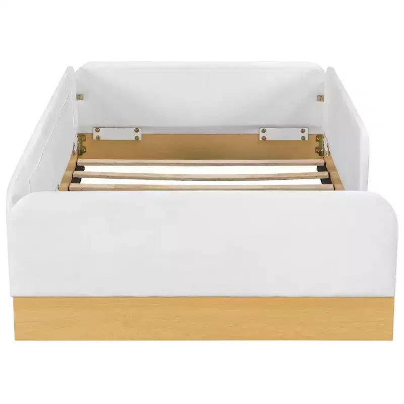 Twin Size Upholstered Platform Bed Frame with Velvet Guardrails & 3 Built-In Storage Bags, Natural