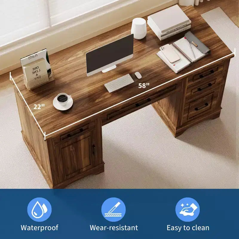 58 Wide Wooden Desk with File Cabinet & Storage Drawers - Multi-Functional Computer Table for Bedroom, Game Room & Office