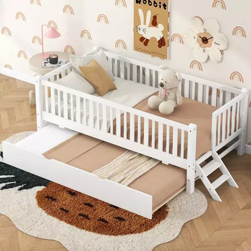 Whisen Twin Size Wood Platform Bed with Guardrail and 2 Drawers