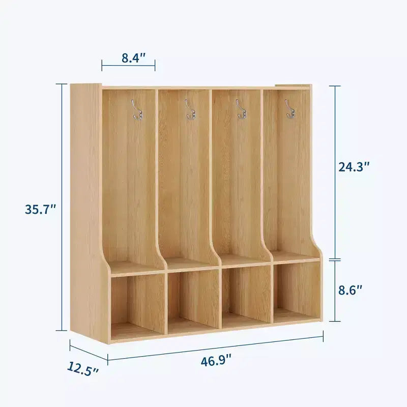 Brown/White 4-Section Cubby Locker with 8 Hooks, for Kids