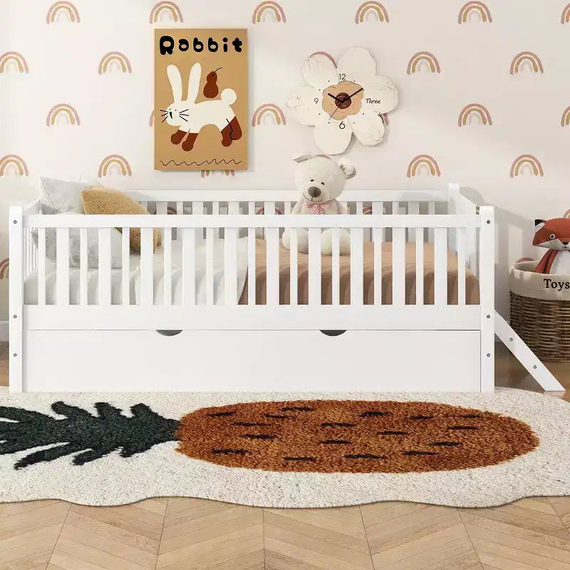Whisen Twin Size Wood Platform Bed with Guardrail and 2 Drawers