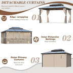Tonnelle EROMMY à toit rigide, pergola extérieure avec double toit, moustiquaire et rideaux, auvent robuste pour patio, jardin, fête au bord de la piscine