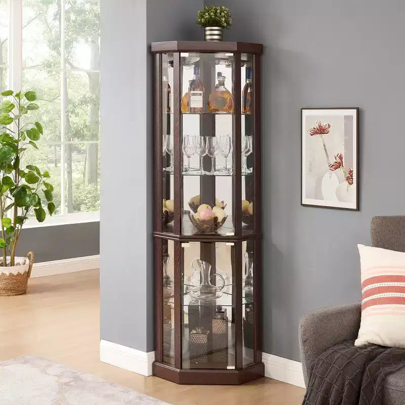 Corner Curio Cabinet with Glass Doors and Shelves, Corner Display Case for Living Room