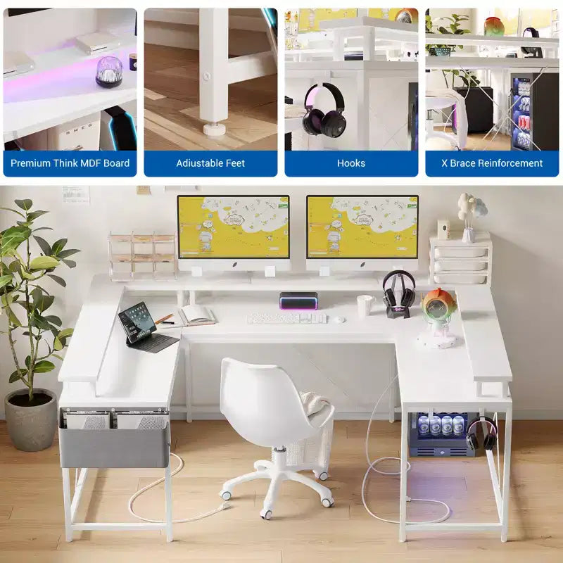 COZONY 78 U/L Shaped Gaming Desk, Reversible Computer Desk with Power Outlets, LED Lights, Monitor Stand & Storage Shelf, Corner Desk for Home Office