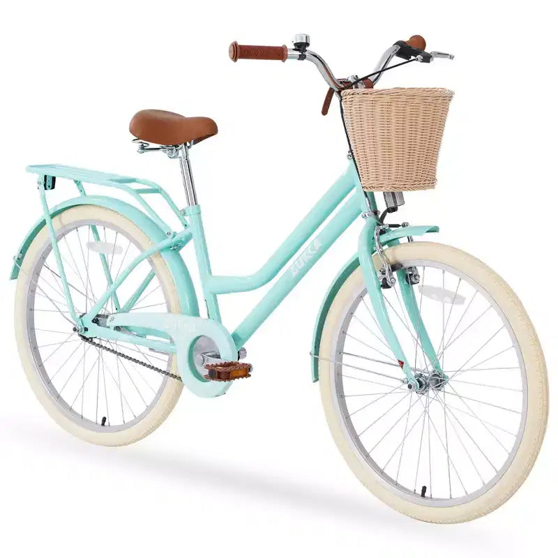NAYSAYE Vélo de ville hybride pour filles de 24 pouces, pour les 7-10 ans et plus, avec panier en osier et porte-bagages arrière, vélos pour enfants