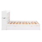 Full Storage Platform Bed with Trundle, Bookcase Headboard and Charging Station, Wooden Full Size Bed Frame with Shelves and Drawers