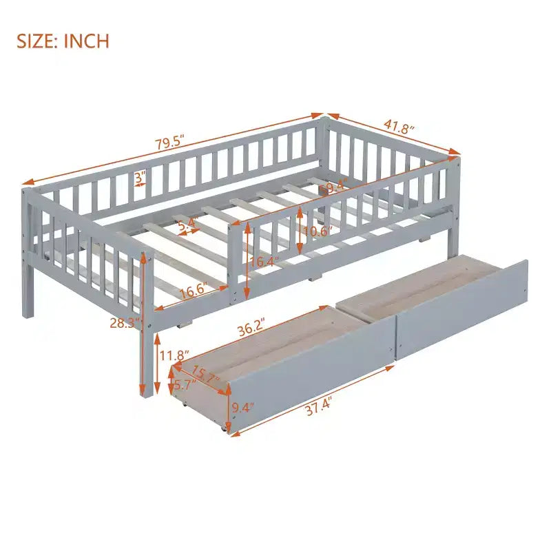 Twin Size Low Daybed with Storage Drawers, Wood Twin Platform Bed Frame with Rails for Boys and Girls Bedroom