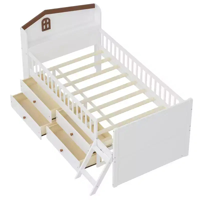 Whisen Twin Wooden Bed Frame, Platform Bed Frame with Storage 4 Drawers, Guardrail Headboard and Ladder