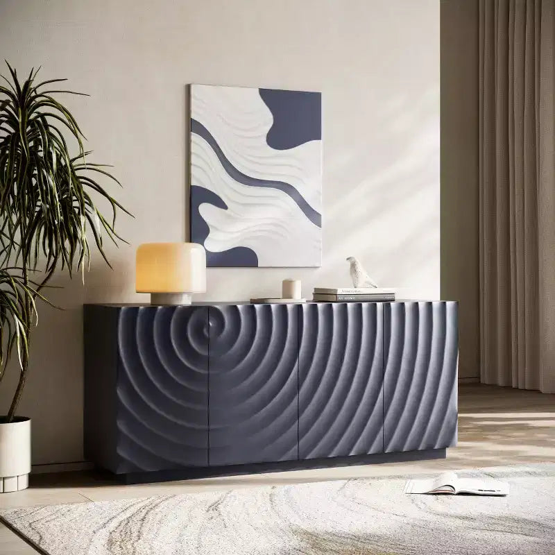 59 Modern Spiral Sideboard Buffet Cabinet, Low Profile Art Entryway Storage Cabinet with 3D Ripple Texture Doors