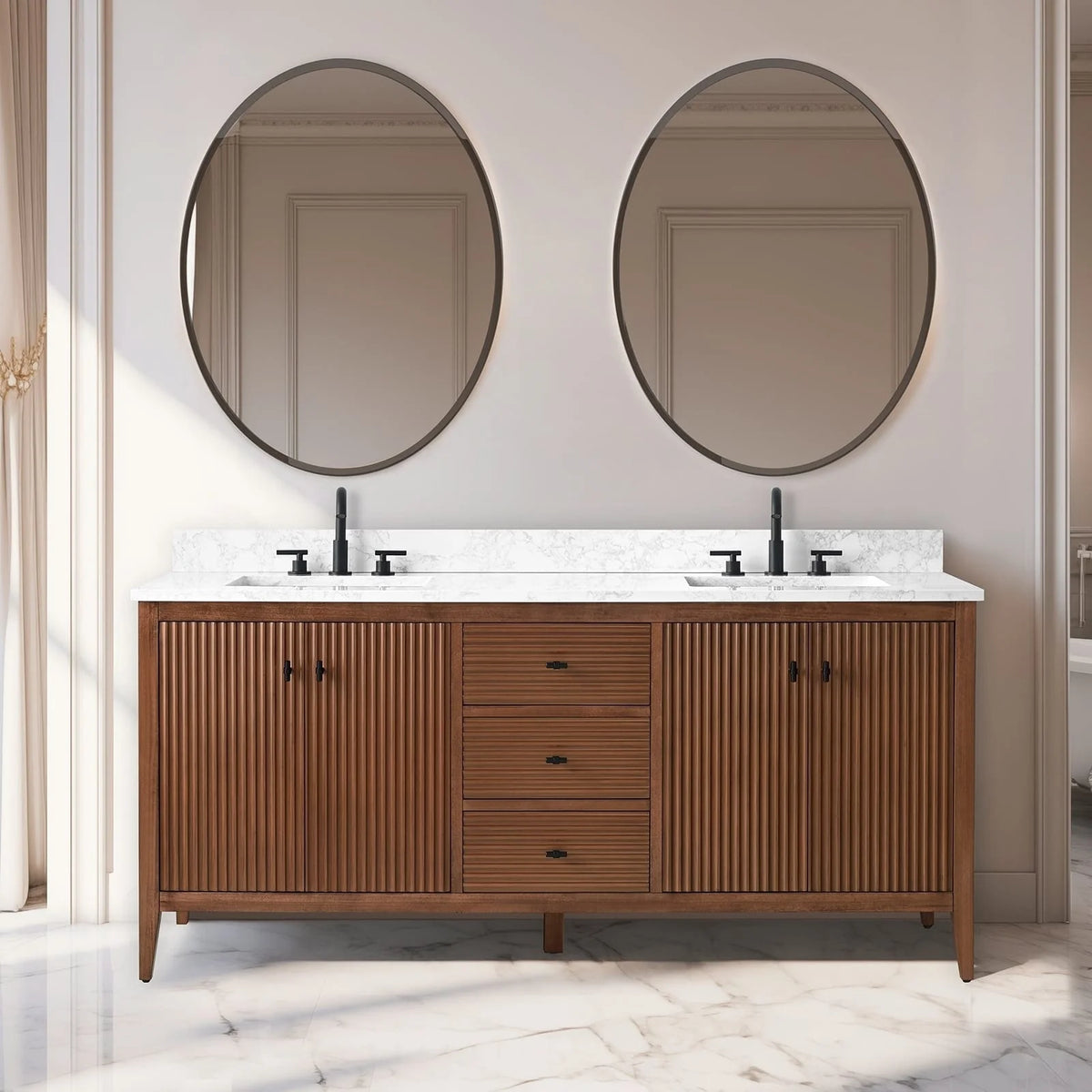 Vanity Art 72 Double Sink Bathroom Vanity Cabinet with Engineered Marble Top
