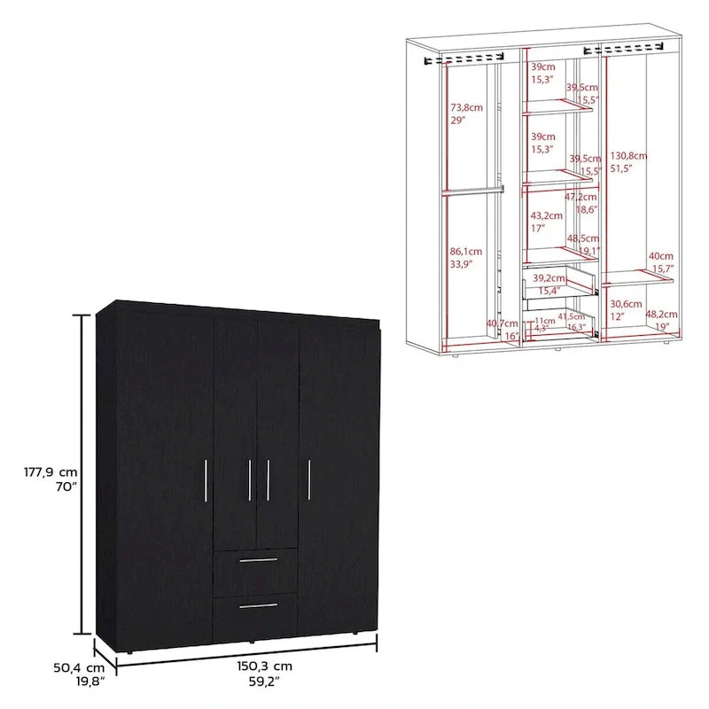 Bariloche Armoire with Hanging Rods, Shelves, 2 Drawers