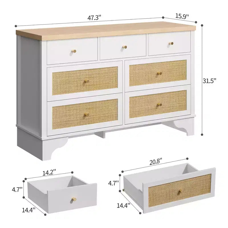 7 Drawer Dresser for Bedroom, 47.3 Wide Natural Rattan Chest of Drawers, Wood Boho Clothing Storage Organizer, for Living Room