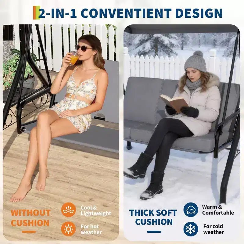 3 Seat Outdoor Porch Swing, 2-in-1 Patio Swing Chair, Thickened Removable Cushions, Adjustable Canopy, Weather Resistant Steel Frame