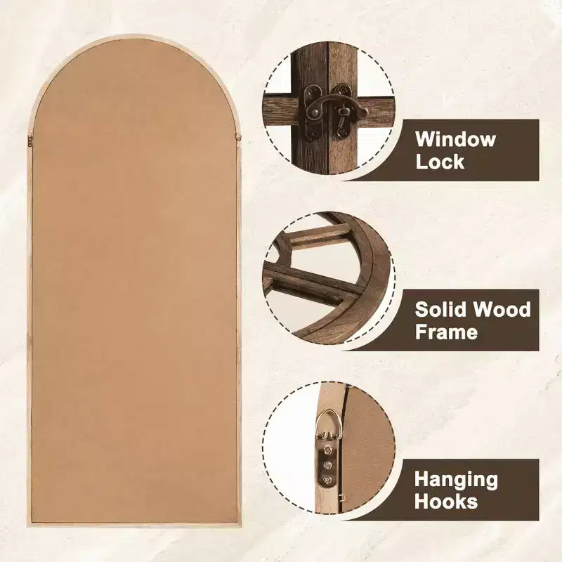 Full-Length Wall Mirror, Solid Wood Grid Arch Design, Openable, No Stand
