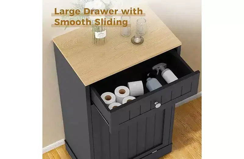 Poubelle et meuble de recyclage en bois COZONY avec tiroir dissimulé Support de poubelle de cuisine autoportant anti-animaux, design peu encombrant