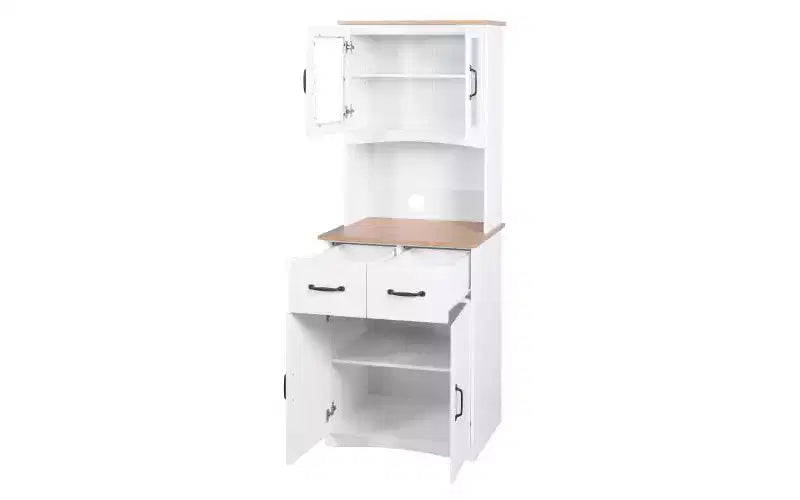 23 Wooden Kitchen Cabinet, Pantry Microwave Cabinet with Glass Doors and Drawers, Adjustable Shelves, White