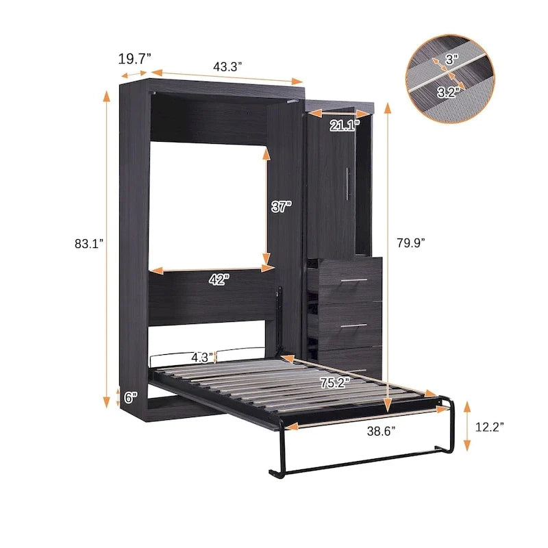 Gray Twin Size Foldable Murphy Bed Cabinet with 1 Wardrobe and 3 Drawers for 1 Person